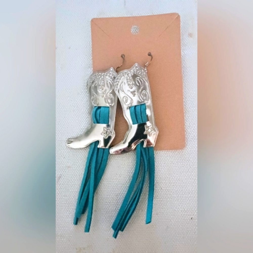 Hand Crafted Silver Cowboy Boot Earrings with Teal Fringe. 2 Inches